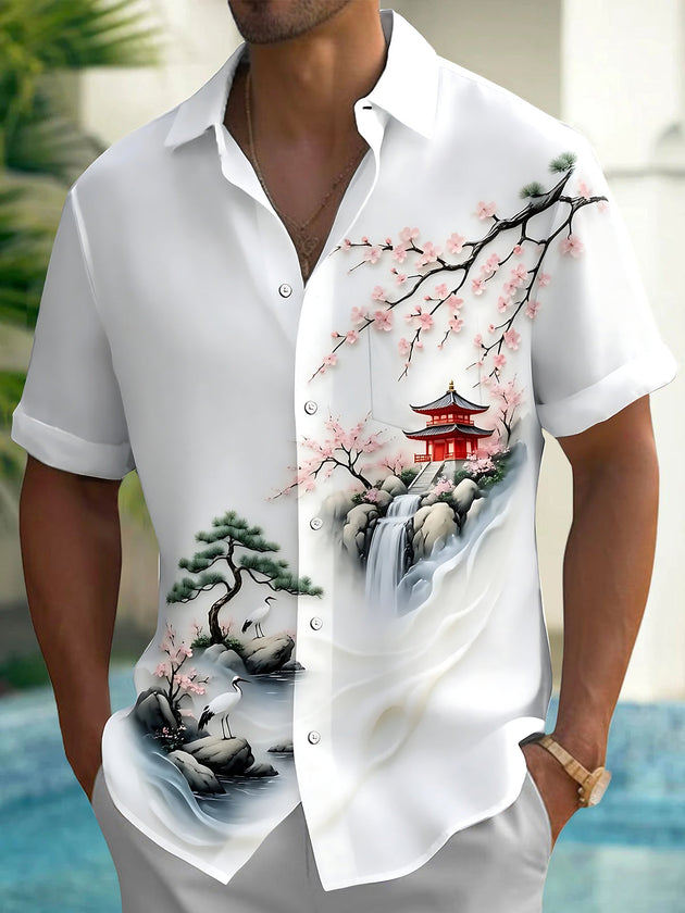 New Chinese Style Plum Blossom Mountains Pavilions Pine Trees Cranes Men's Pocket Short Sleeve Shirts