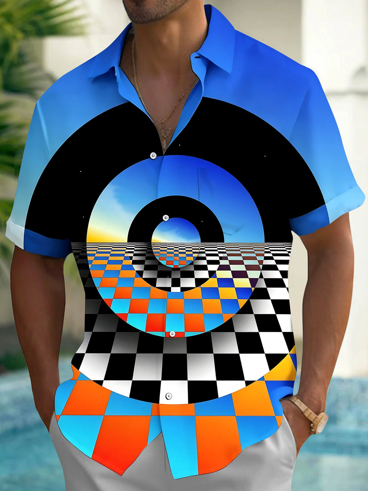 Colorful Geometry Chessboard Men's Pocket Short Sleeve Shirts