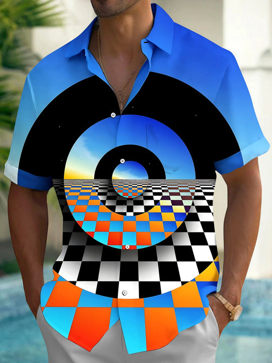 Colorful Geometry Chessboard Men's Pocket Short Sleeve Shirts