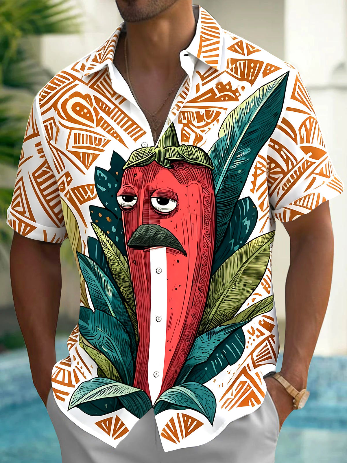 Adaychic Men's Funny Pepper Character Print Short Sleeve Shirt with Chest Pocket