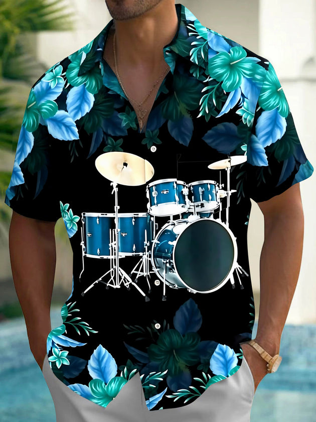 Hawaiian Leaf Music Drum Set Men's Pocket Short Sleeve Shirts