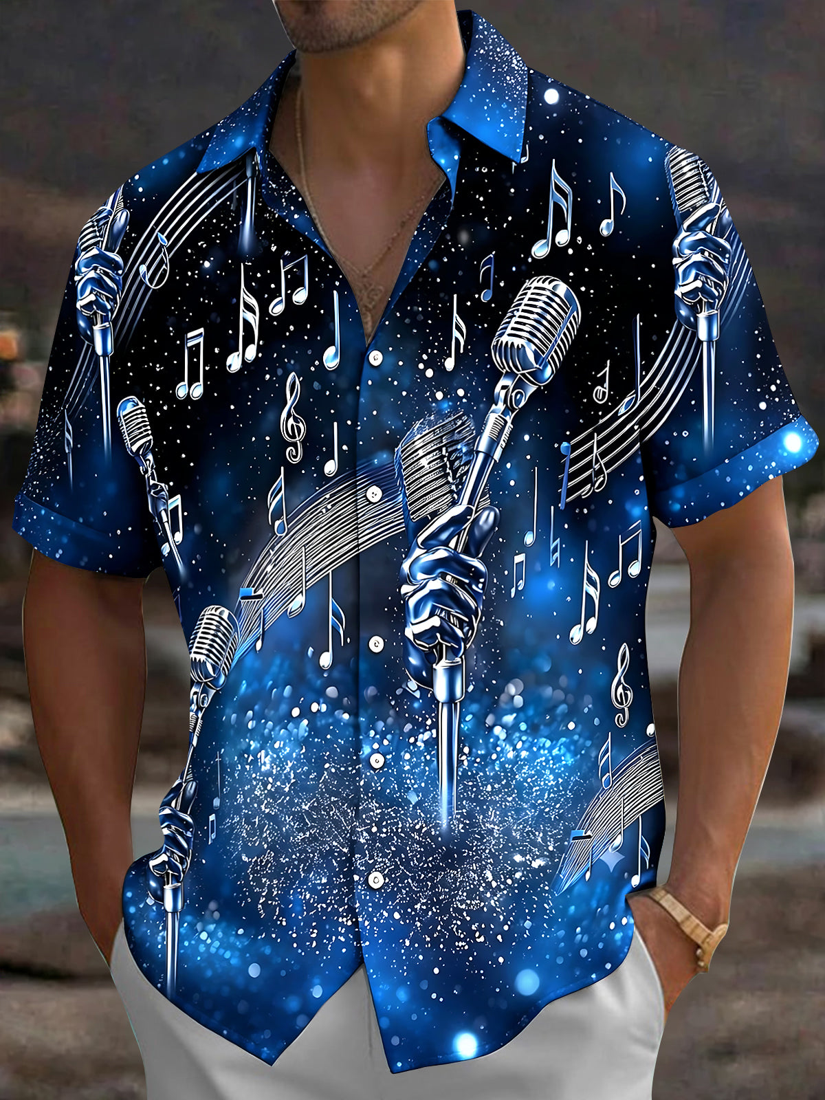 Microphone Musical Note Men's Pocket Short Sleeve Shirts
