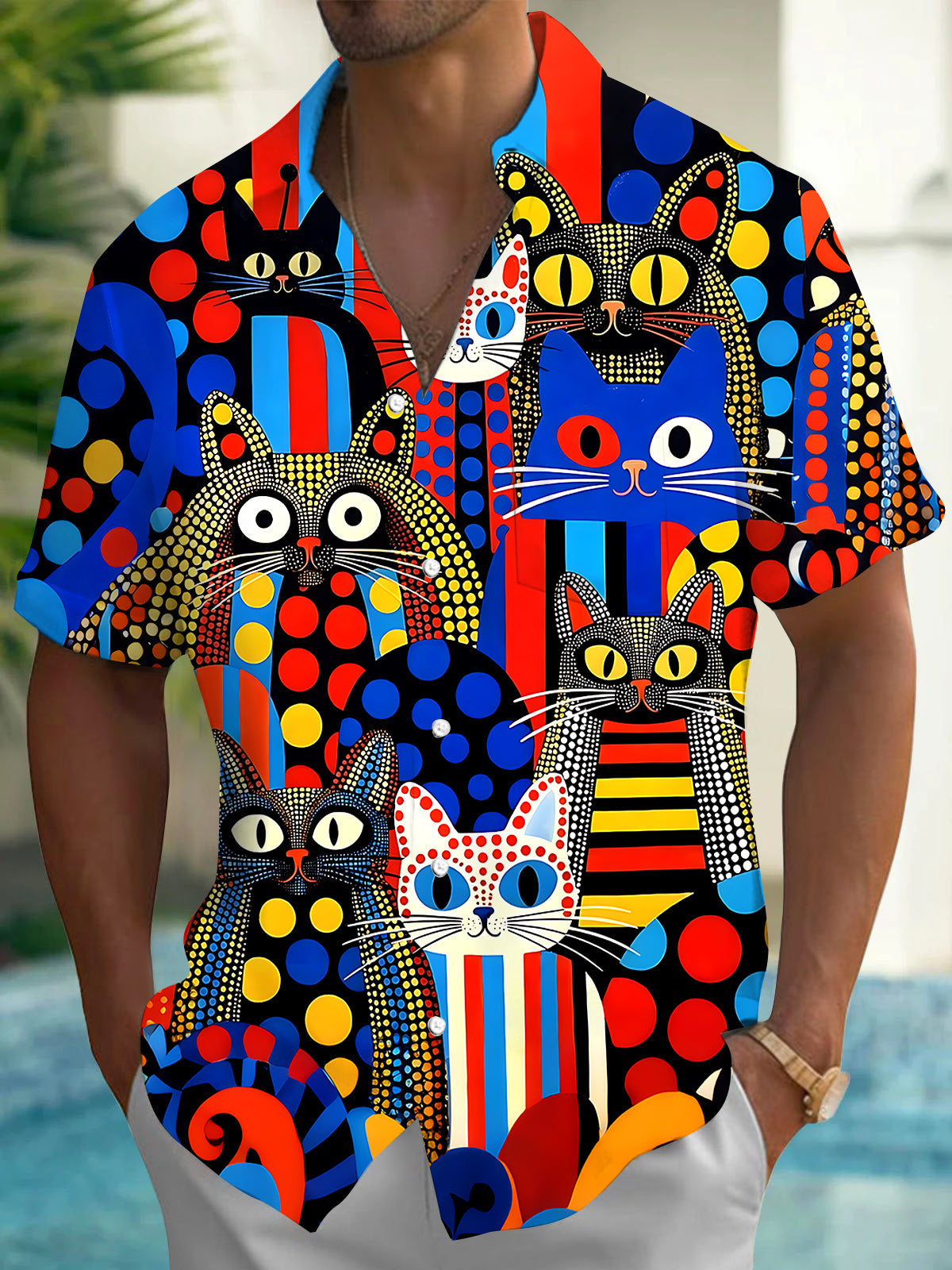 Colorful Cat Men's Pocket Short Sleeve Shirts