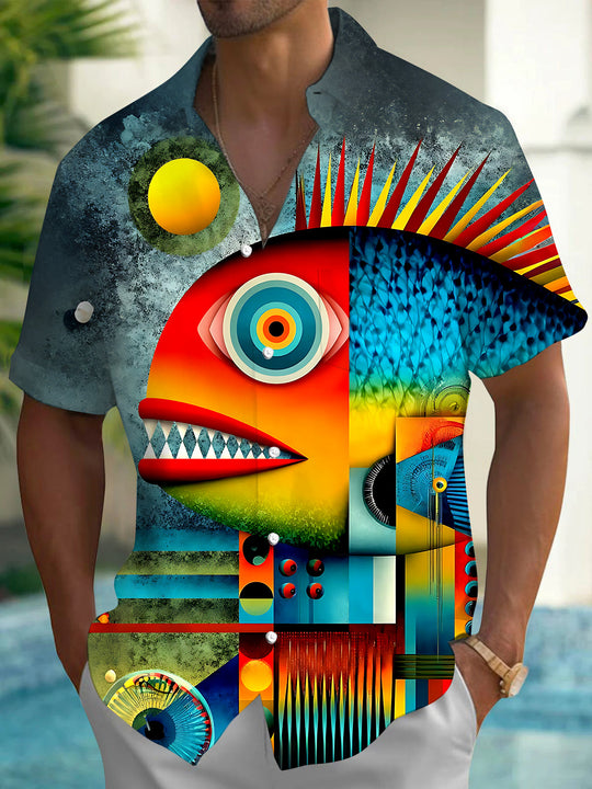 Vintage Colorful Fish Men's Pocket Short Sleeve Shirts