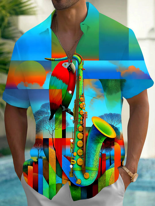 Colorful Parrot Saxophone Geometry Men's Pocket Short Sleeve Shirts