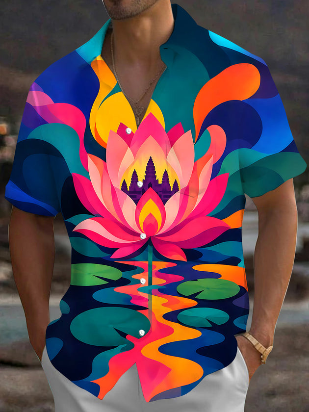 Vintage Colorful Lotus Flower Men's Pocket Short Sleeve Shirts