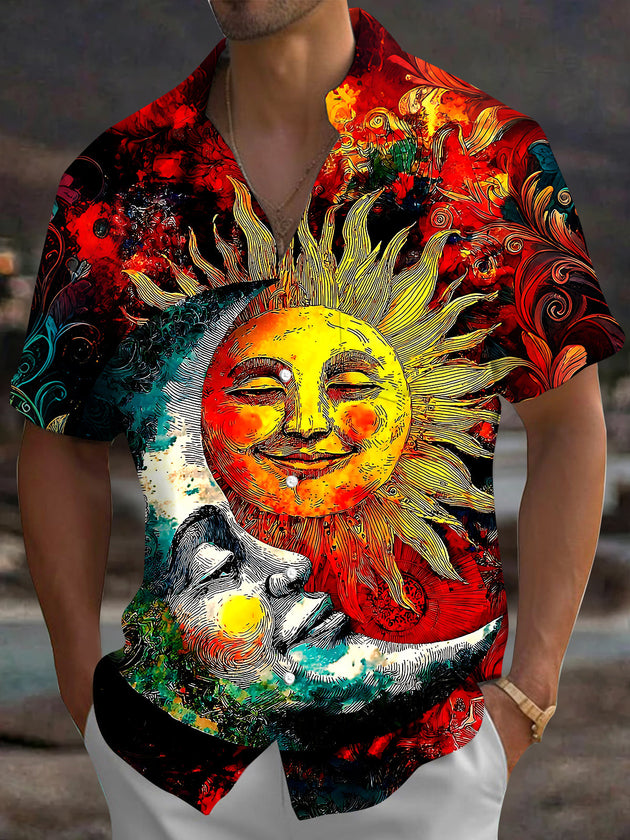 Vintage Sun Moon Men's Pocket Short Sleeve Shirts