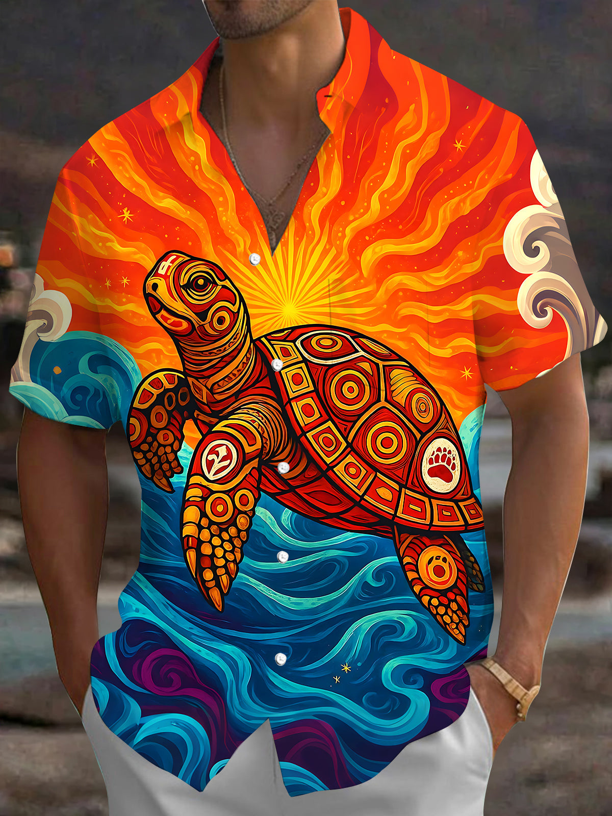 Adaychic Men's Hawaiian Sea Turtle Print Short Sleeve Shirt with Chest Pocket
