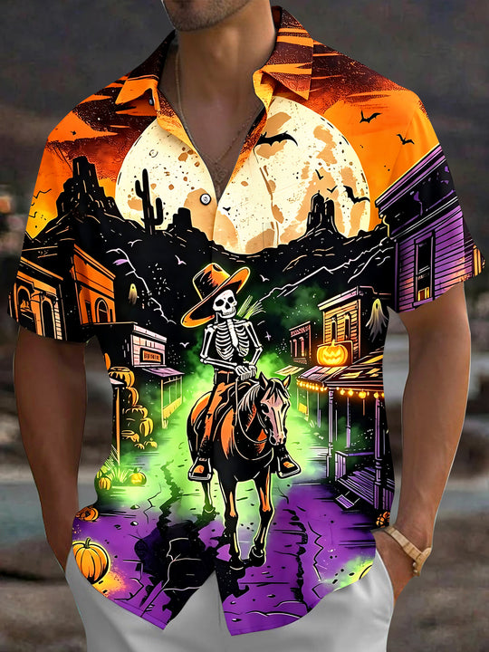Halloween Skull Riding A Horse Men's Pocket Short Sleeve Shirts