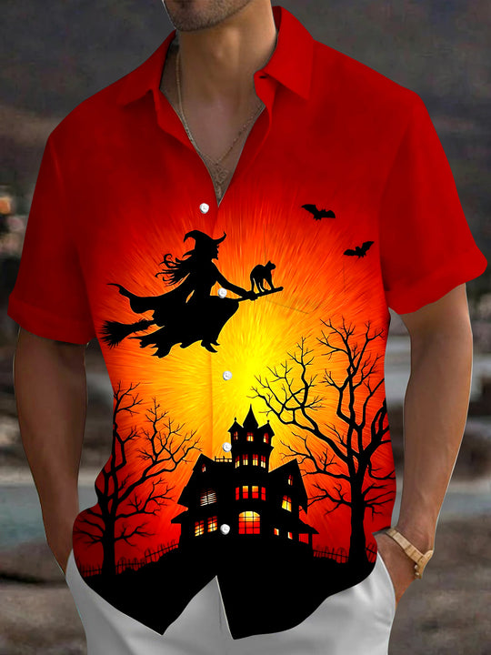 Halloween Witch Cat Men's Pocket Short Sleeve Shirts