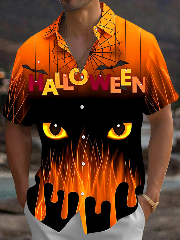 Halloween Cat Eyes Men's Pocket Short Sleeve Shirts