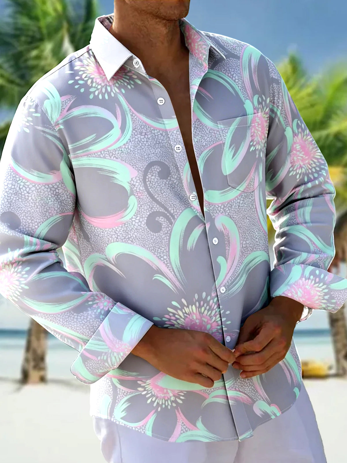 Floral Men's Pocket Long Sleeve Shirts