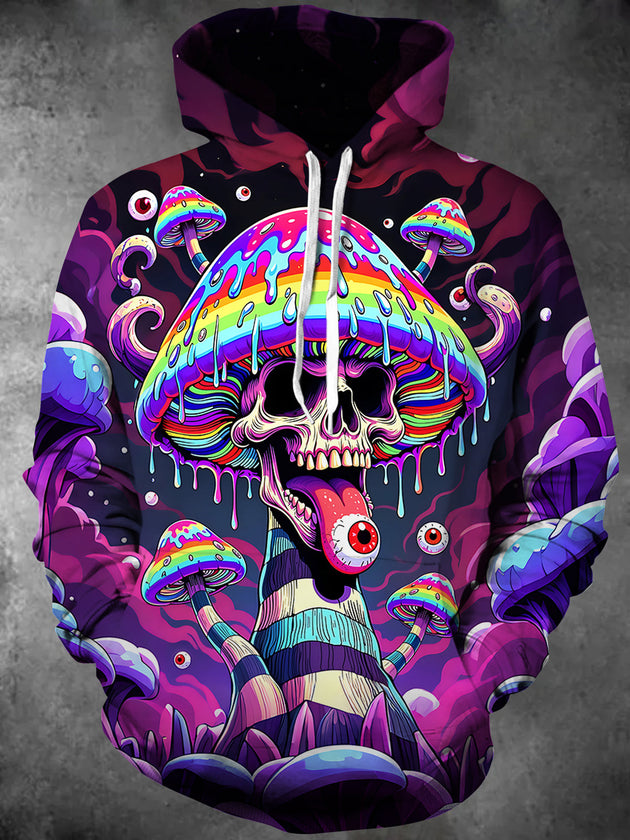 Colorful Skull Mushroom Men's Long Sleeve Pocket Hooded Sweatshirt