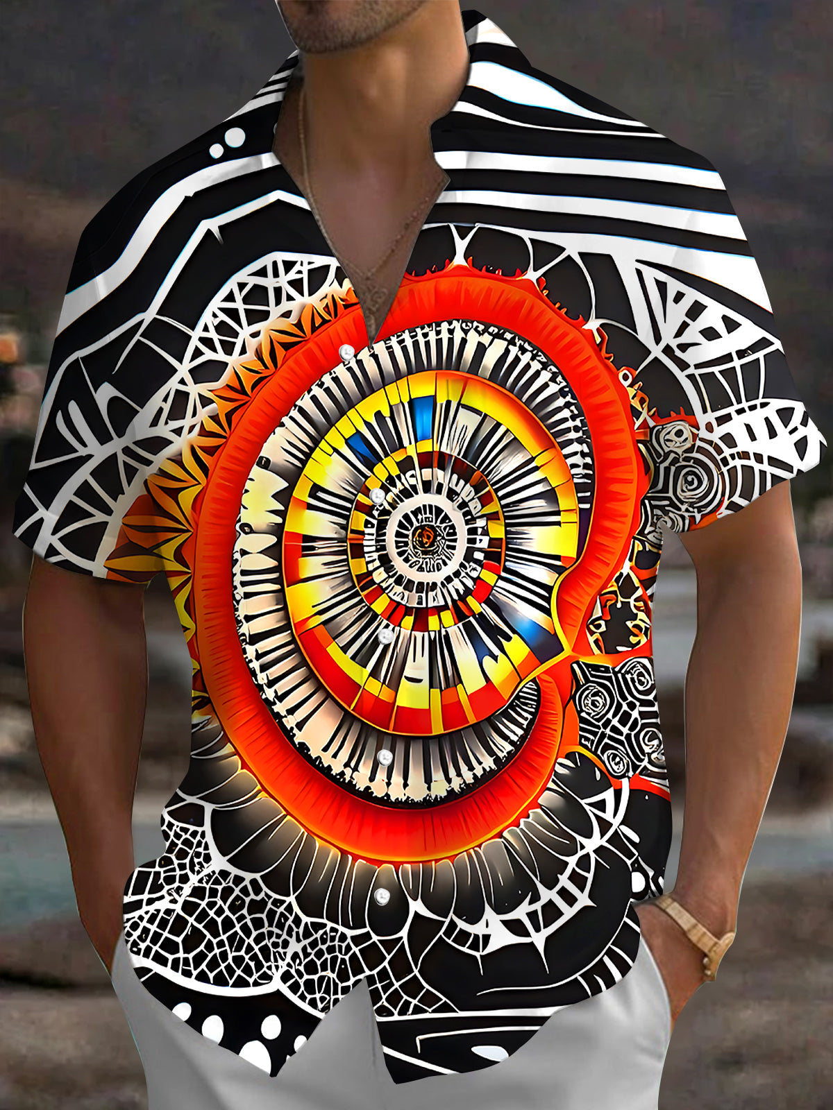 Adaychic Men's Abstract Abstract Spiral Eye Print Short Sleeve Shirt with Chest Pocket
