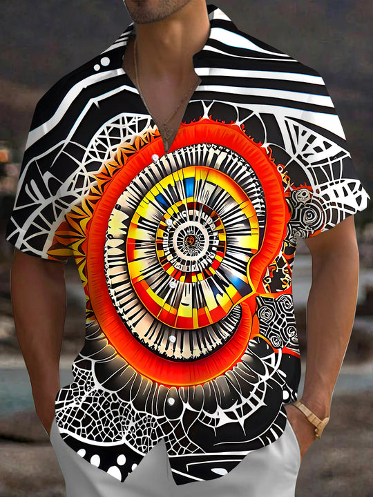 Adaychic Men's Abstract Abstract Spiral Eye Print Short Sleeve Shirt with Chest Pocket