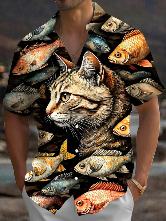 Adaychic Men's Hawaiian Cat Portrait Print Short Sleeve Shirt with Chest Pocket