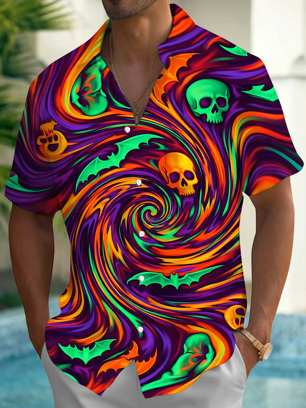 Adaychic Men's Tie Dye Skull Print Bat Print Short Sleeve Shirt with Chest Pocket