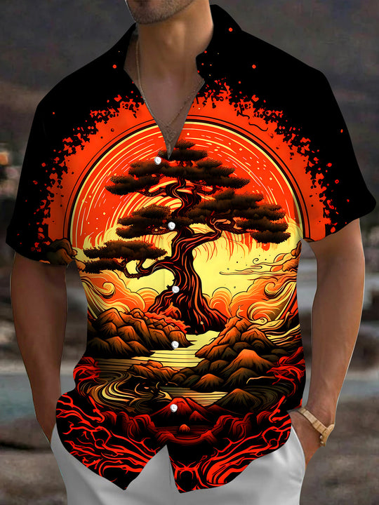 Adaychic Men's Bonsai Tree Sunset Print Short Sleeve Shirt with Chest Pocket