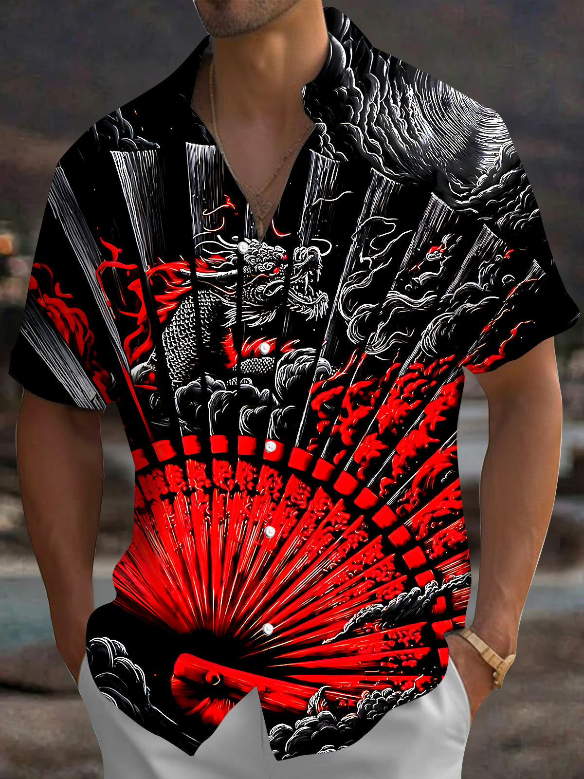 Adaychic Men's Graphic Dragon Print Short Sleeve Shirt with Chest Pocket