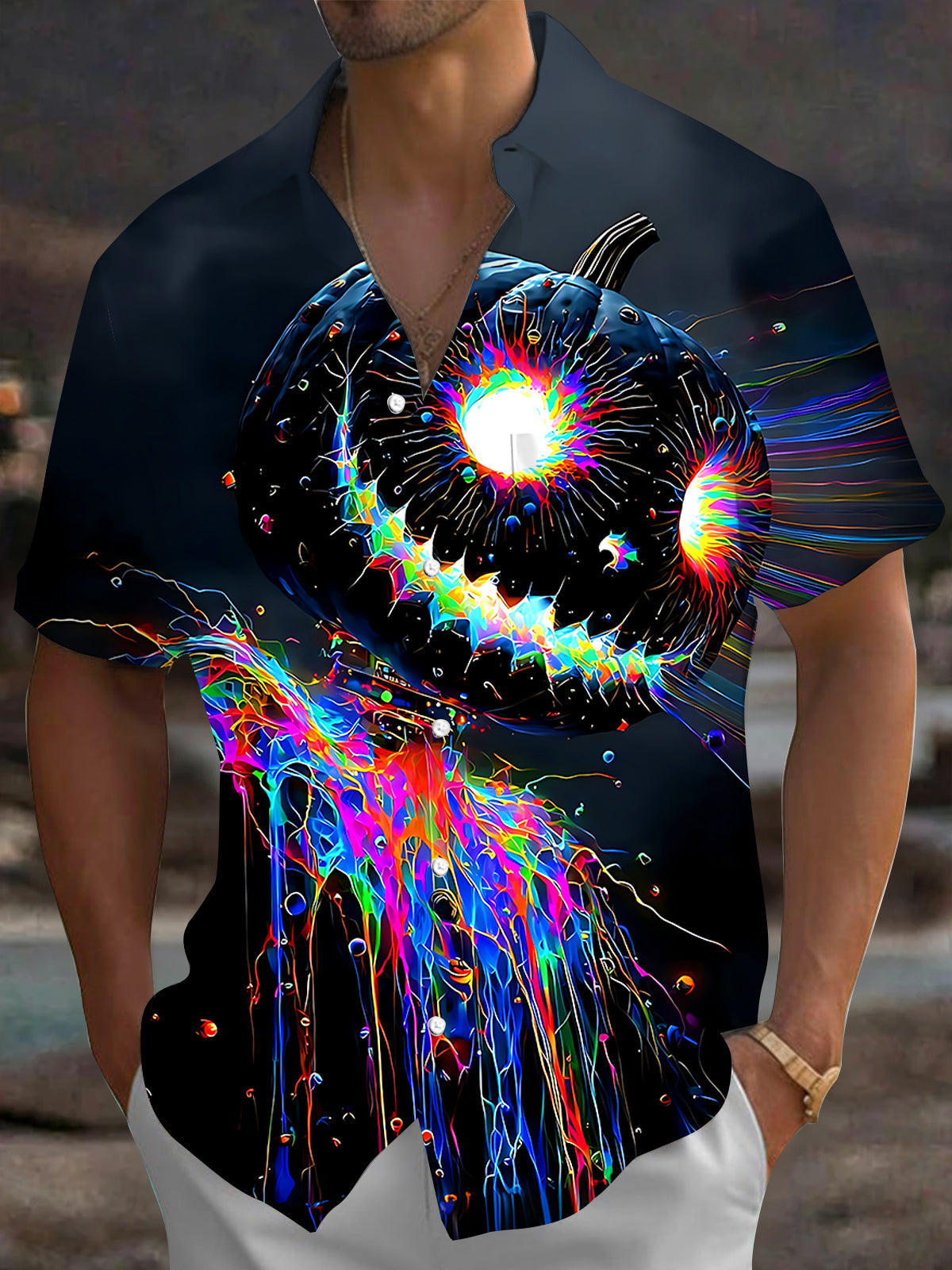 Adaychic Men's Graphic Neon Pumpkin Print Short Sleeve Shirt with Chest Pocket
