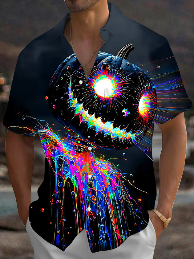 Adaychic Men's Graphic Neon Pumpkin Print Short Sleeve Shirt with Chest Pocket