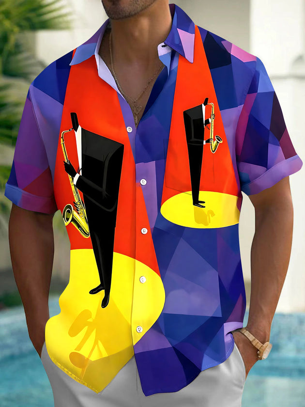 Adaychic Men's Graphic Saxophone Musician Print Short Sleeve Shirt with Chest Pocket