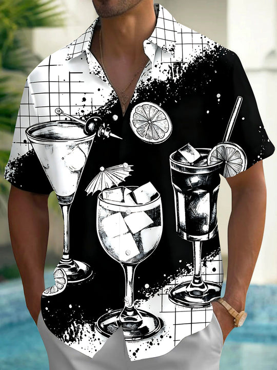 Adaychic Men's Hawaiian Cocktail Glasses Print Short Sleeve Shirt with Chest Pocket