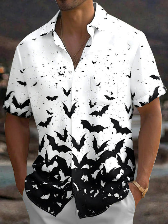 Adaychic Men's Graphic Bat Silhouette Print Short Sleeve Shirt with Chest Pocket