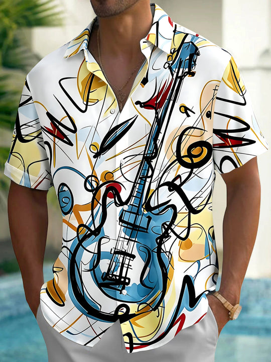 Adaychic Men's Graphic Abstract Guitar Print Short Sleeve Shirt with Chest Pocket