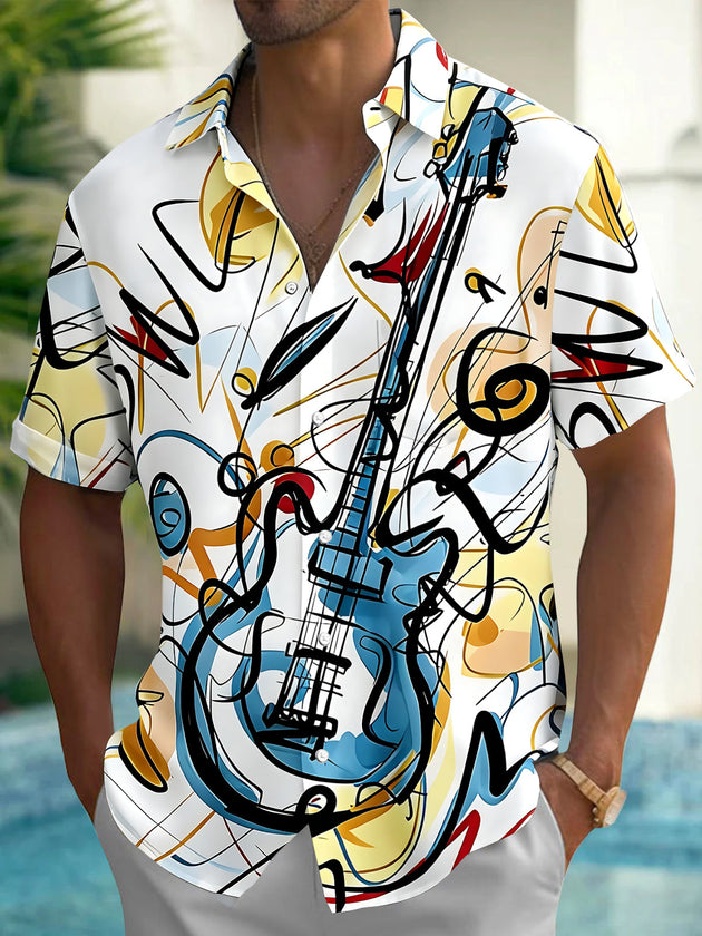 Adaychic Men's Graphic Abstract Guitar Print Short Sleeve Shirt with Chest Pocket