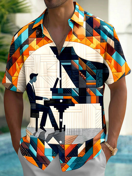 Adaychic Men's Geometric Piano Concert Print Short Sleeve Shirt with Chest Pocket