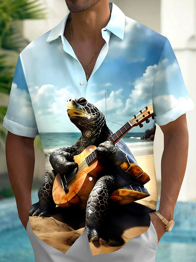 Adaychic Men's Sea Turtle Playing Guitar Print Short Sleeve Shirt with Chest Pocket