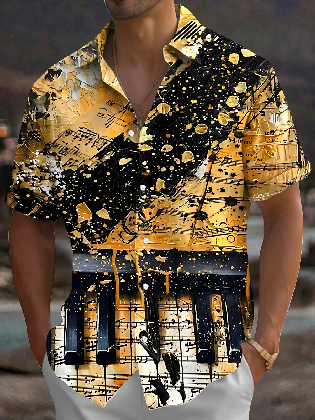 Adaychic Men's Graphic Piano Keys Print Short Sleeve Shirt with Chest Pocket