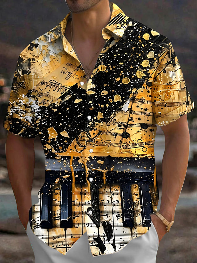 Adaychic Men's Graphic Piano Keys Print Short Sleeve Shirt with Chest Pocket