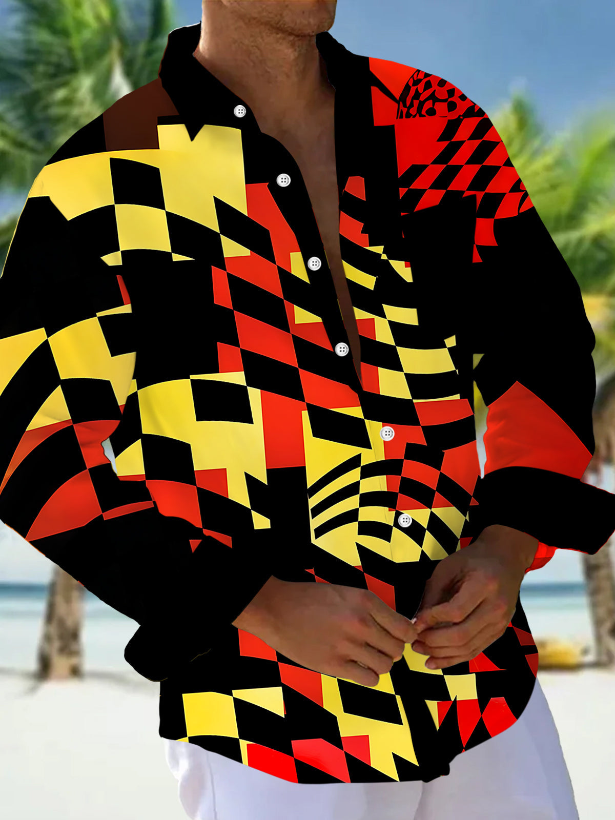 Adaychic Men's Abstract Geometric Shapes Print Long Sleeve Shirt with Chest Pocket