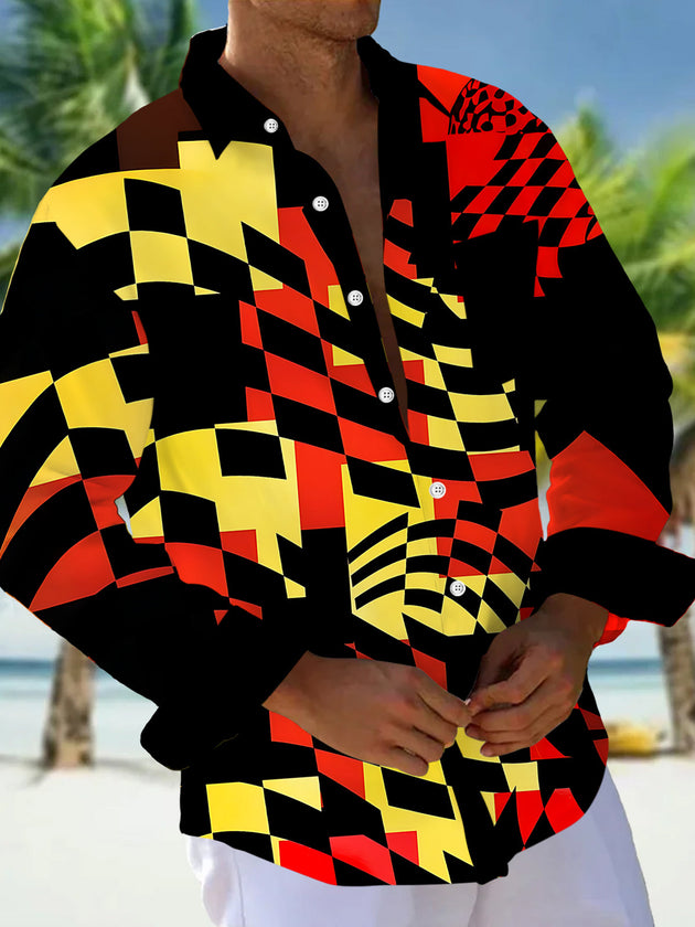Adaychic Men's Abstract Geometric Shapes Print Long Sleeve Shirt with Chest Pocket