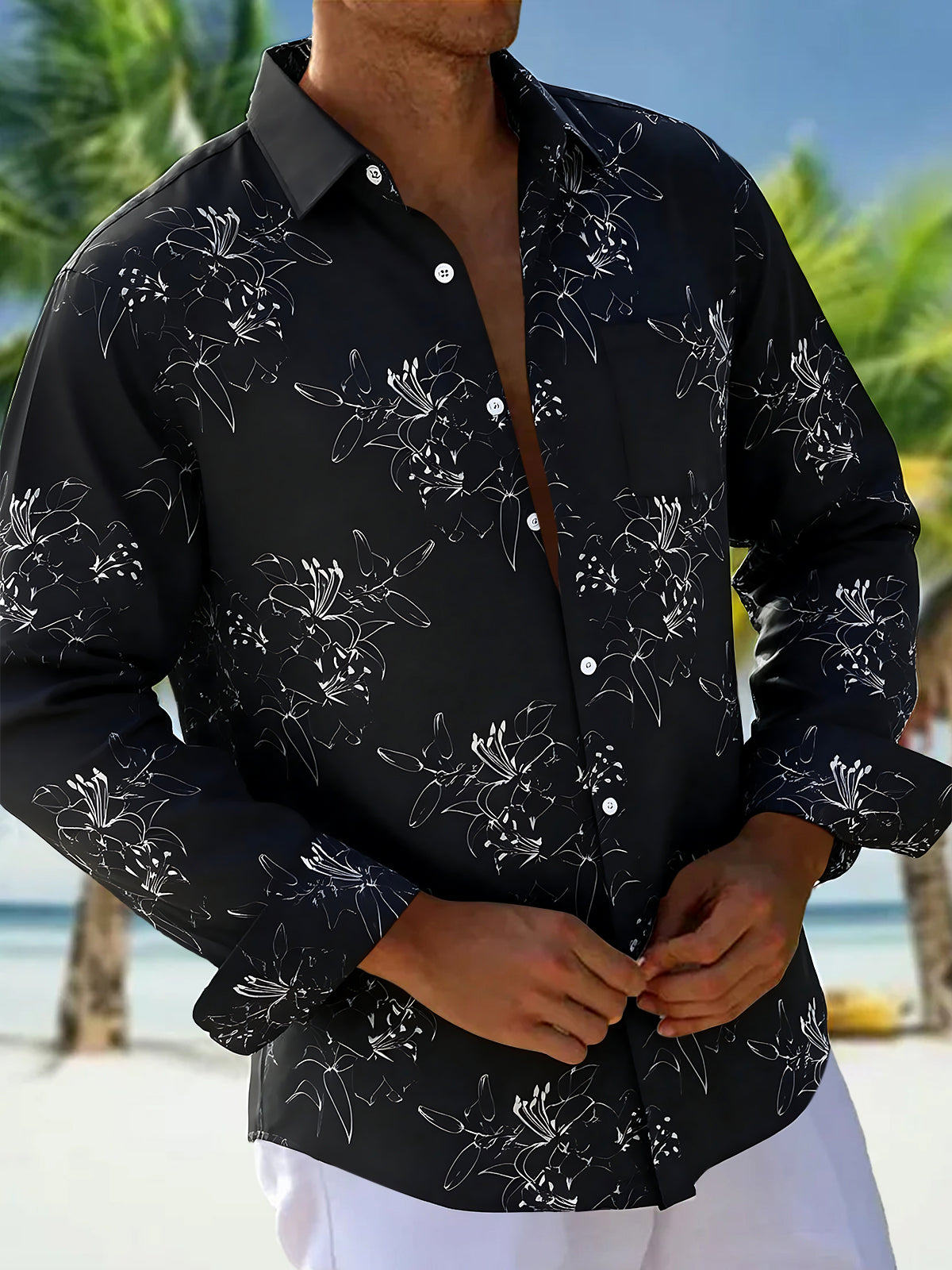 Adaychic Men's Floral White Floral Line Art On Print Long Sleeve Shirt with Chest Pocket