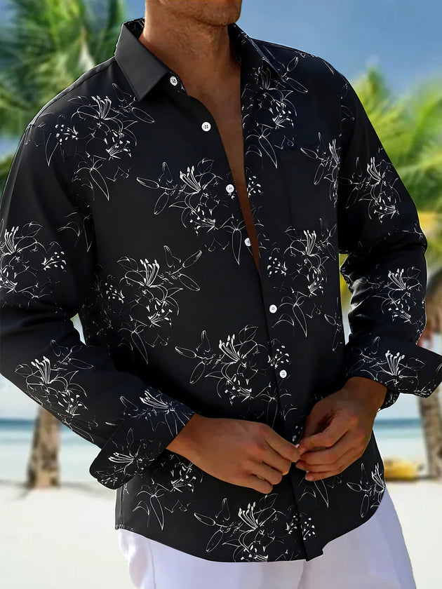 Adaychic Men's Floral White Floral Line Art On Print Long Sleeve Shirt with Chest Pocket