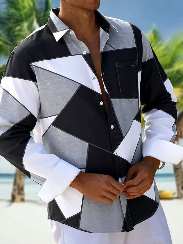 Adaychic Men's Geometric Color Block Pattern Long Sleeve Shirt with Chest Pocket