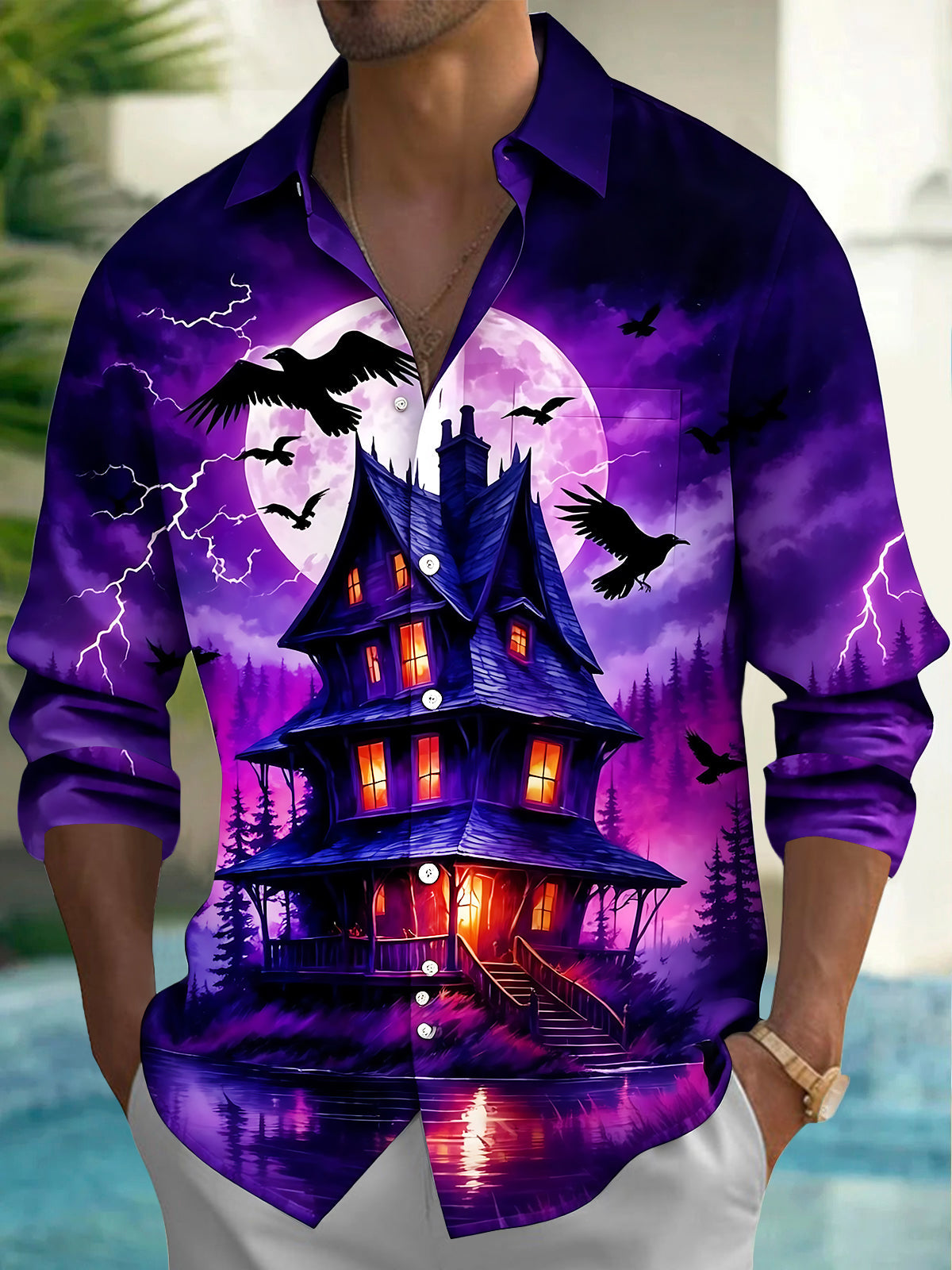 Adaychic Men's Graphic Haunted Castle Print Long Sleeve Shirt with Chest Pocket
