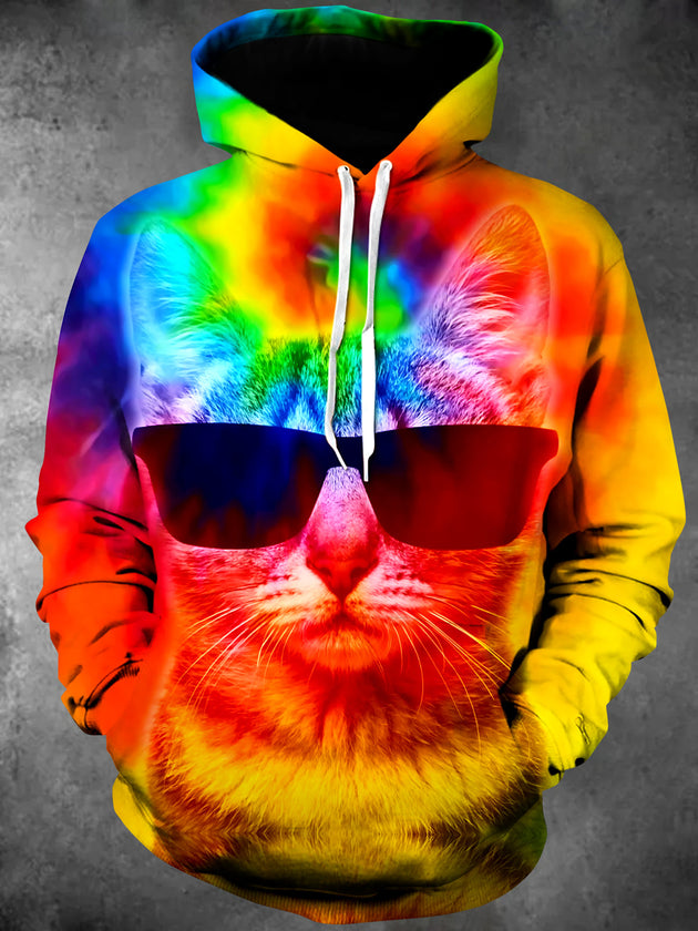 Adaychic Men's Tie Dye Rainbow Cat Face Print Long Sleeve Hoodie with Chest Pocket
