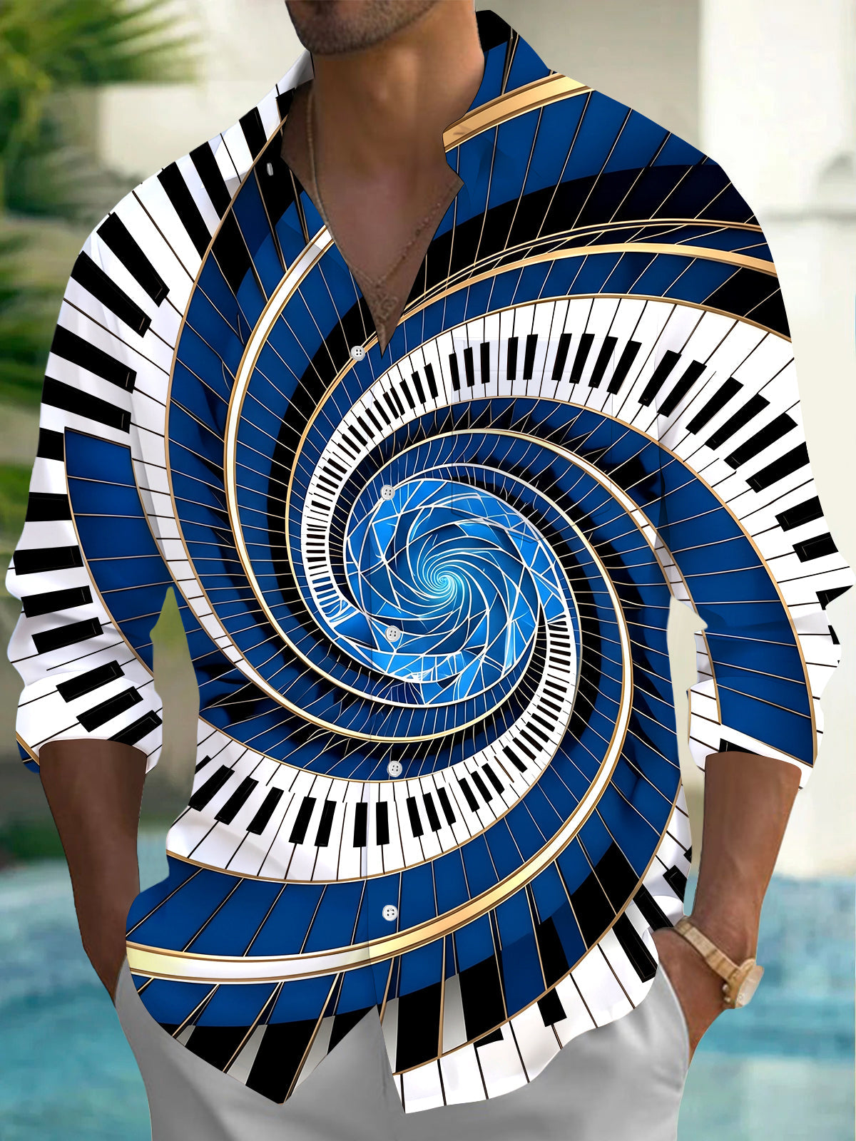 Adaychic Men's Graphic Spiral Piano Keys Print Long Sleeve Shirt with Chest Pocket