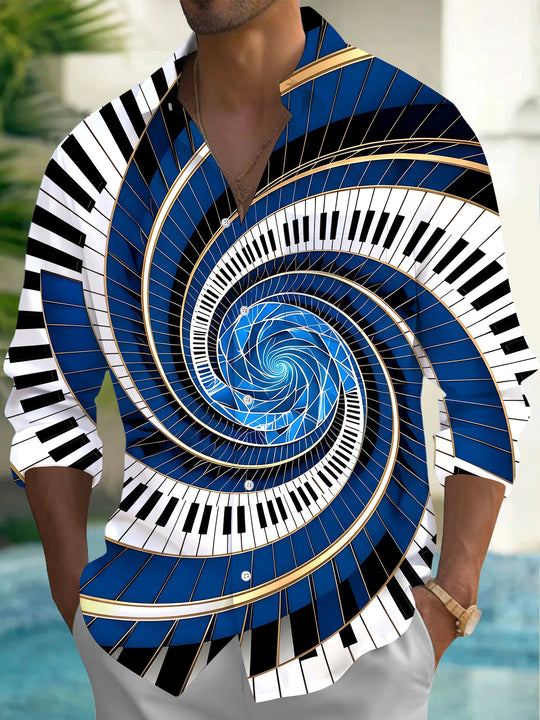 Adaychic Men's Graphic Spiral Piano Keys Print Long Sleeve Shirt with Chest Pocket