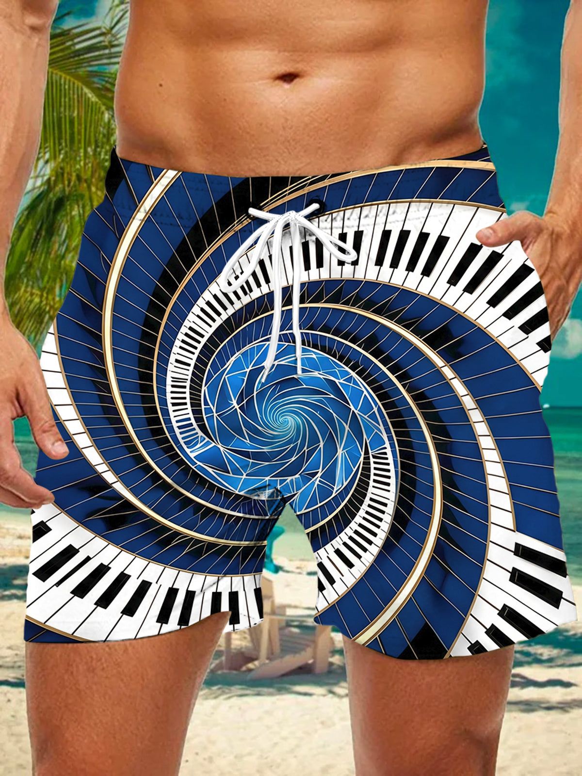 Adaychic Men's Graphic Spiral Piano Keys Print Shorts with Chest Pocket