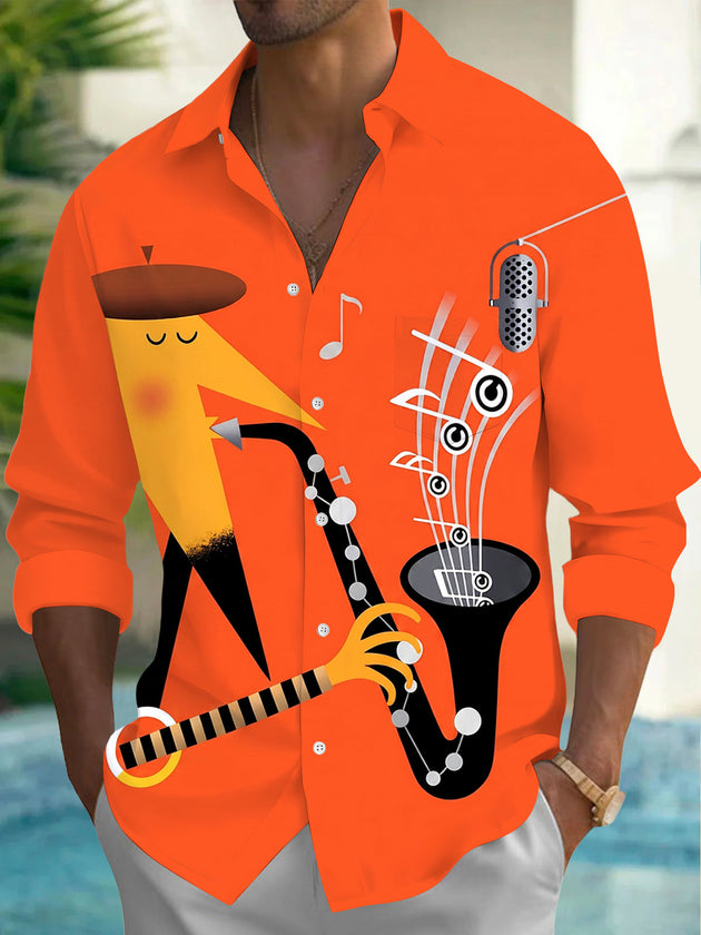 Adaychic Men's Saxophone Musician Print Long Sleeve Shirt with Chest Pocket