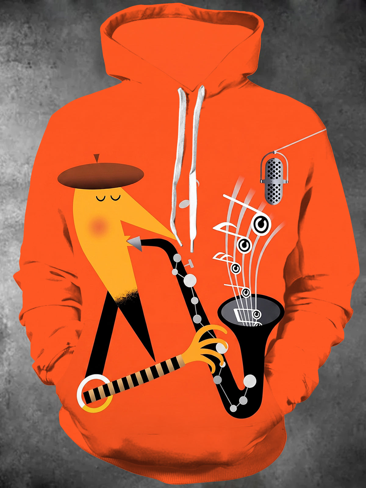 Adaychic Men's Graphic Saxophone Player Print Long Sleeve Hoodie with Chest Pocket