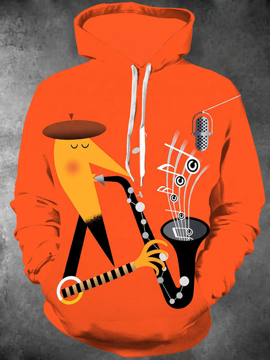 Adaychic Men's Graphic Saxophone Player Print Long Sleeve Hoodie with Chest Pocket