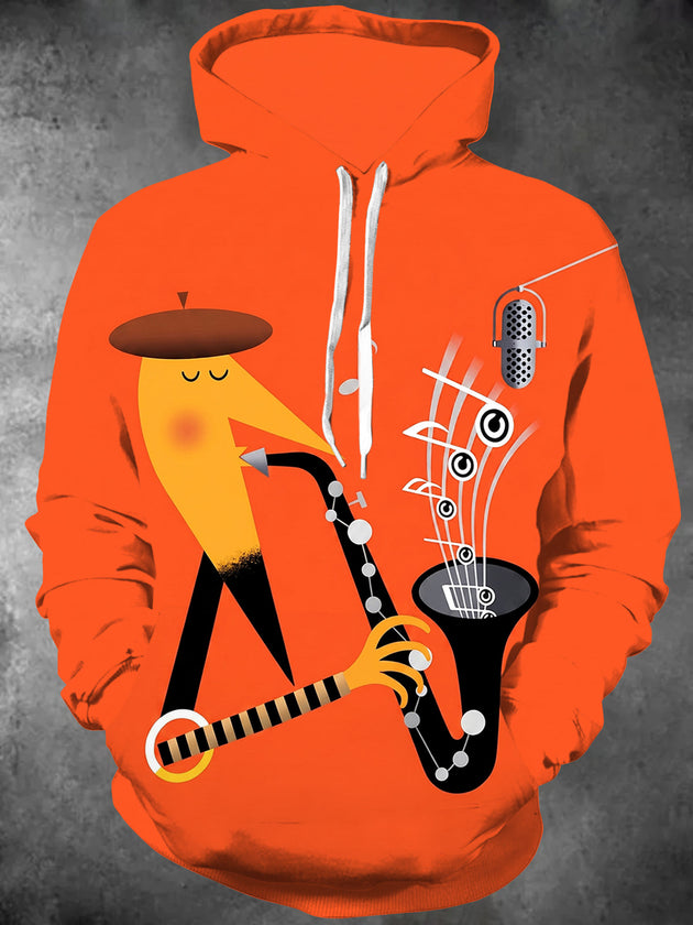 Adaychic Men's Graphic Saxophone Player Print Long Sleeve Hoodie with Chest Pocket