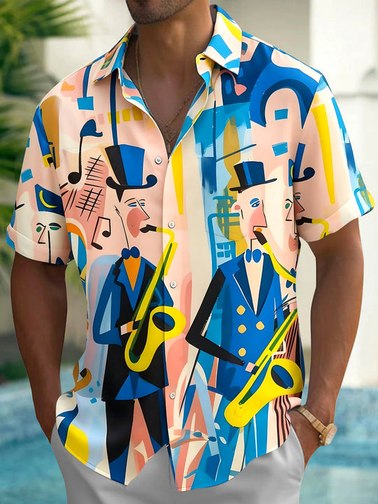 Adaychic Men's Abstract Jazz Musicians Print Short Sleeve Shirt with Chest Pocket