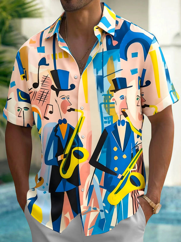 Adaychic Men's Abstract Jazz Musicians Print Short Sleeve Shirt with Chest Pocket